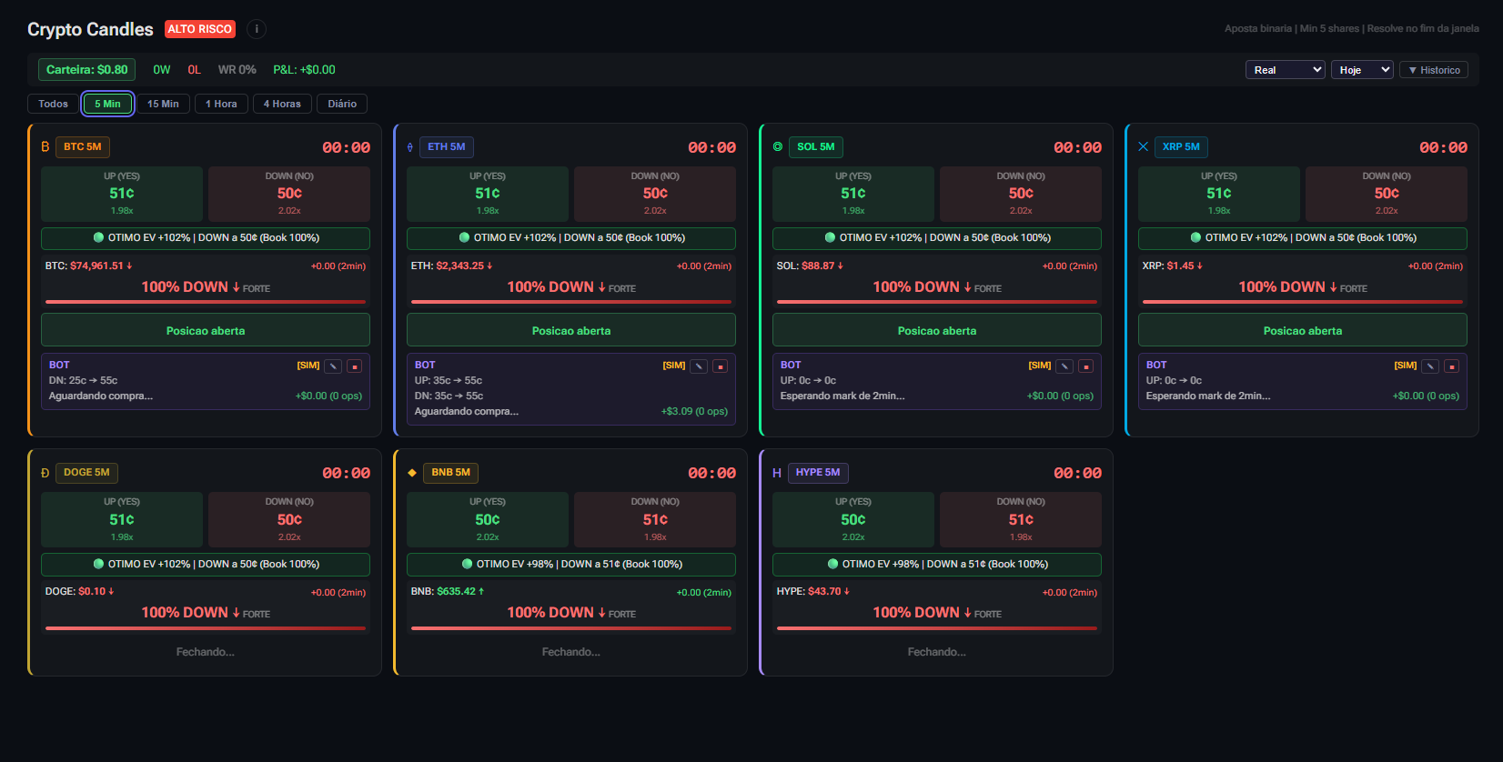 Painel Crypto Candles do BetFlowBot — BTC, ETH, SOL, XRP, DOGE, BNB, HYPE em candles de 5 minutos com sinal 100% DOWN