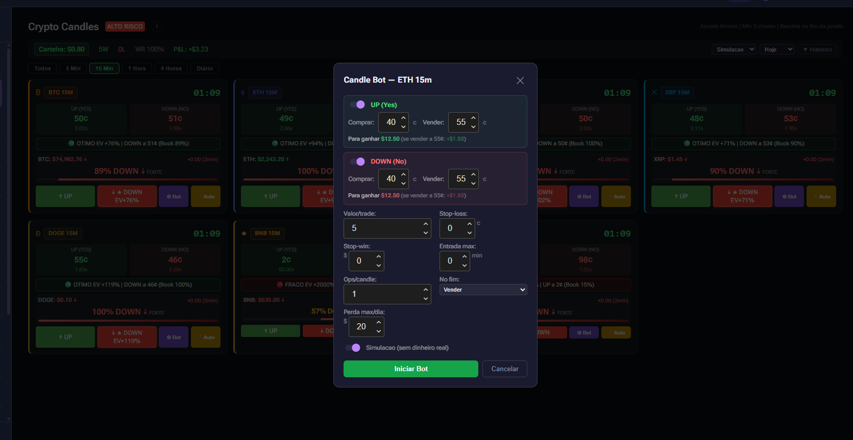 Configuracao completa do Candle Bot com todos os parametros visiveis