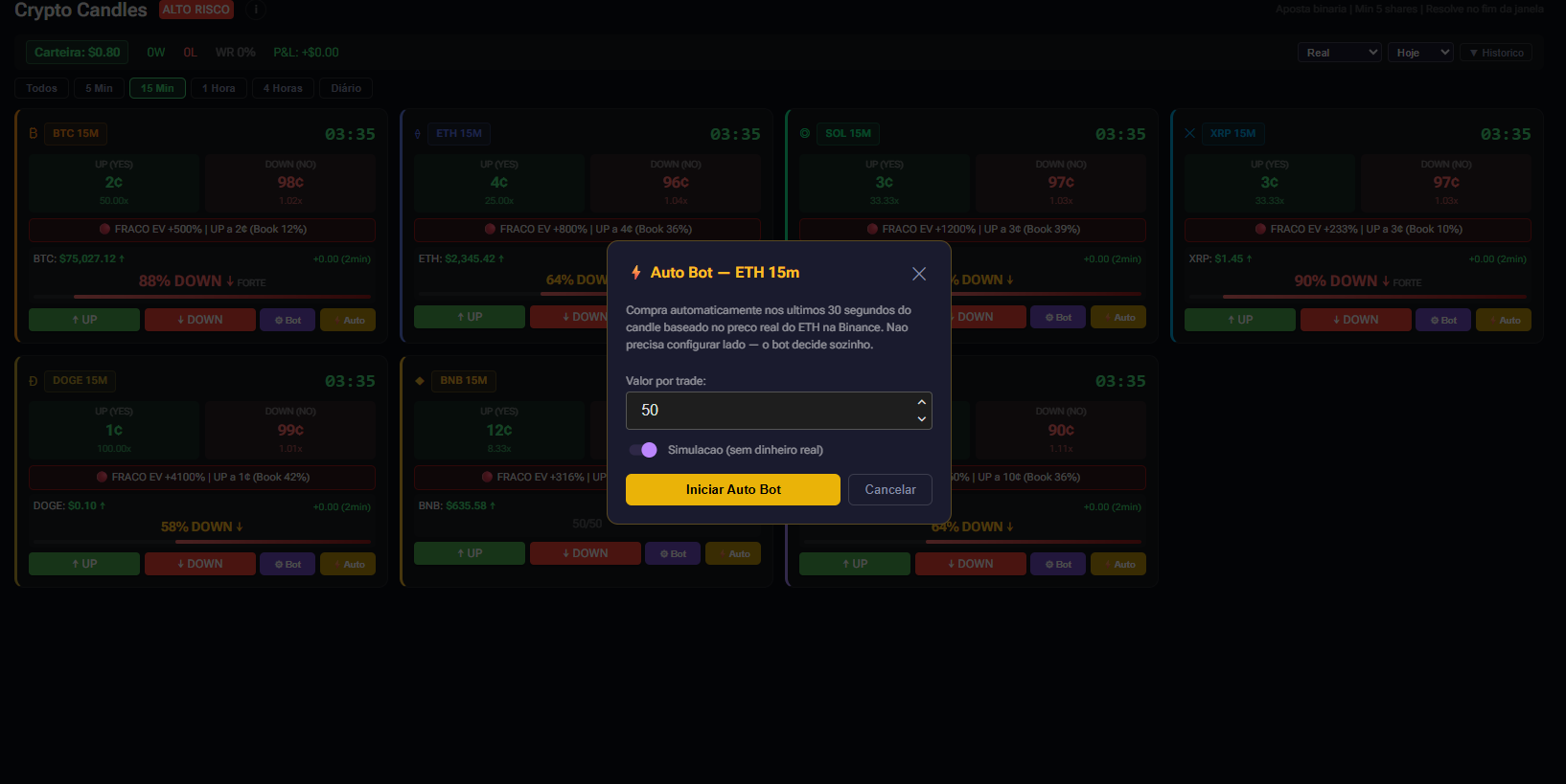 Modal do Bot Auto — uma escolha, o bot faz o resto
