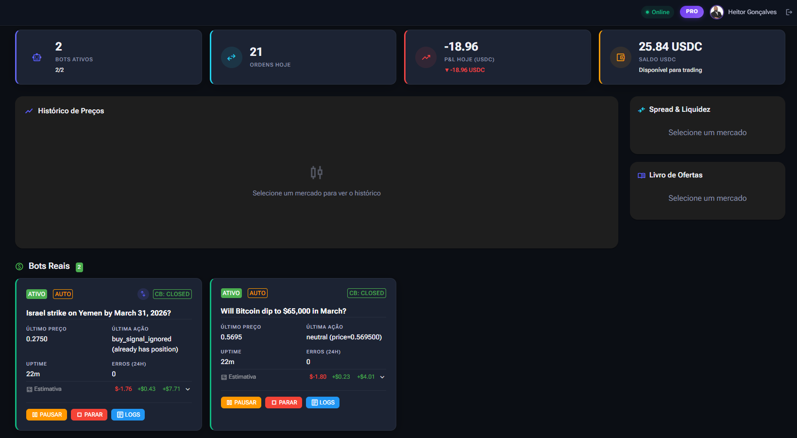 BetFlowBot Dashboard — bots ativos, saldo USDC, historico de precos