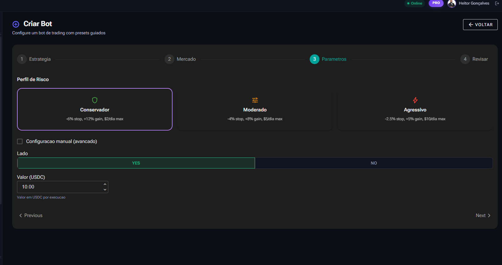 Wizard de criacao de bot — escolha estrategia, mercado e risco